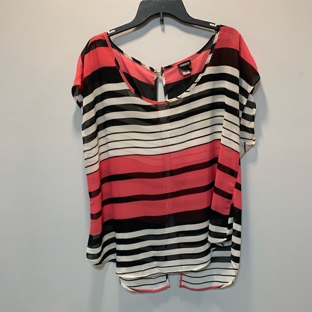 Torrid 0 Striped Blouse Pink/coral Sheer Button Back Top - Picture 4 of 10